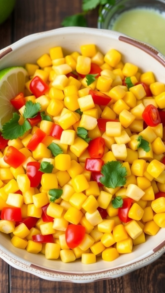 A vibrant sweet corn salad with bell peppers and cilantro in a rustic bowl on a wooden table.